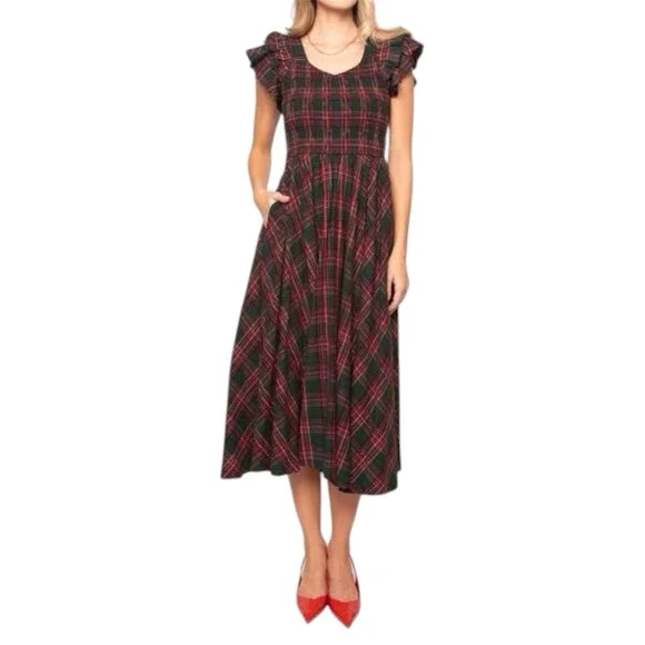 Ivy City Co Hattie Dress XS Green Red Plaid Smocked Midi Cottagecore Holiday - Picture 2 of 10